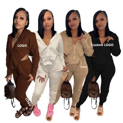 China Breathable Two Piece Set Women's Long Sleeve Custom LOGO Crop Jogger Set Pants Two Piece Set for sale