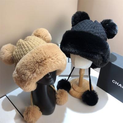 China COMMON Winter Women's Real Plush Pom Hat Knitted Thick Warm Lined Beanie Cute Plush Bear Ears Knitted Hat Winter Cold Warm Hat for sale