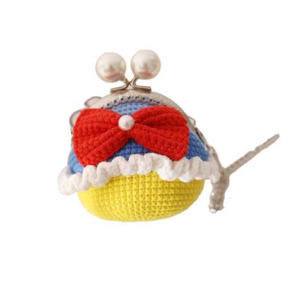 China Lady Sweet handmade woven cross & body mouth gold bag for girls, bow tie, wool crochet woven bag for sale