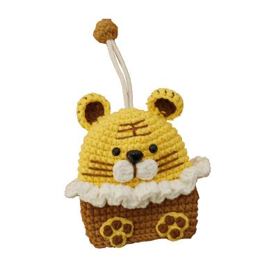 China Cute Girls' Weaving Protection Finished Product Tiger Handwoven Key Storage Bag Pullable Fashion Cartoon Key Case Crochet Yarn for sale