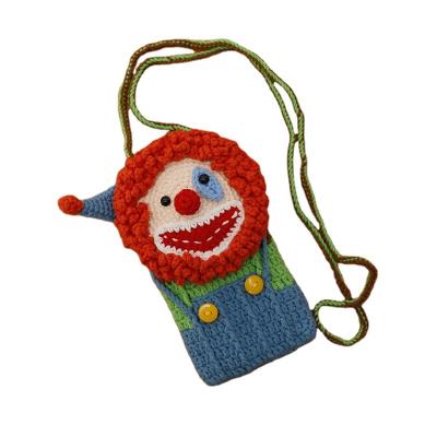 China Lady Clown Pattern Handwoven Crossbody Bag For Girls Women's Cute Wool Crochet Cell Phone Bag Exquisite Handwoven Weaving Bag for sale