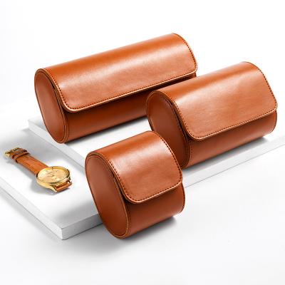 China Travel Storage Vintage Watch Packaging Gift Box Brown Wrist Watch Case Leather Liner 1 2 3 Watch Roll for sale