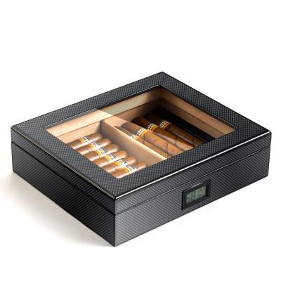 China OEM Factory Black Cedar Wood Logo Wood Unique Cigar Box Electric Humidifier Custom Made With Window Digital Hygrometer Box For Storage Cigar for sale