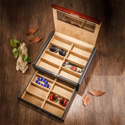 China 2021 Fashionable Double Sunglasses Drawer Wooden Design Customize Luxury Fashionable Sunglasses Display Box for sale