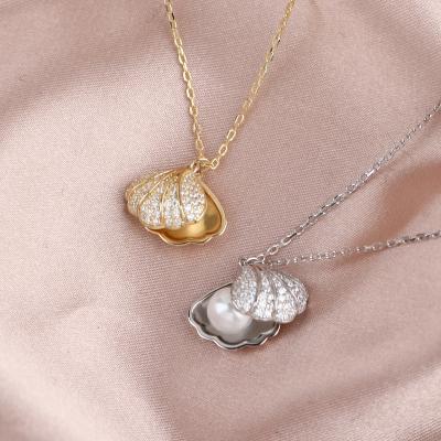 China Trendy Fashion Women Necklaces Gold Plated Shell Shape Pearl Clam Pendant Silver Pave Zircon 925 Sterling Silver Necklace for sale