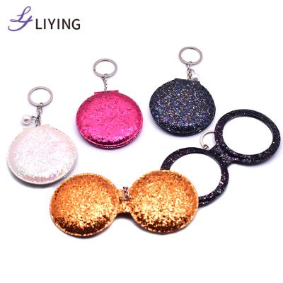 China Double Sided Glitter Mounted Pocket Mirror Custom Logo Compact Cosmetic Mirror Gold Key Chain For Travel for sale