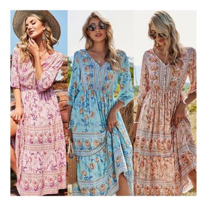 China 2021 Summer Women's Mid Length Dress Floral Printing Casual Dress V-Neck Lace Skirt Breathable Bohemian Dress for sale