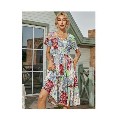 China Anti-wrinkle manufacturers supply polyester-cotton dresses women's short sleeve casual mid length dresses for sale