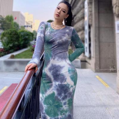 China Breathable Women Polyester Autumn Winter Tie Dye Maxi Plus Size Dress Long Sleeve Casual Bodycon Dresses for sale