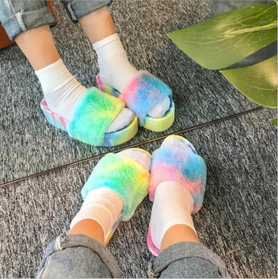 China Fashion Trend Fashion Colorful Mesh Shoes Thick Dressing Plush Fur Fluffy Slippers For Women Ladies for sale