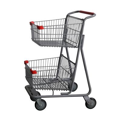 China Double Unfolding Basket Trolley 2 Baskets Shopping Shopping Cart For Supermarket for sale