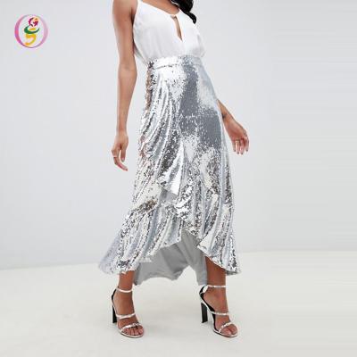 China High Waist High Low Skirt Sequins More Sparkle With Frills In Silver Ladies Metallic Ruffles Trims Maxi Skirt for sale