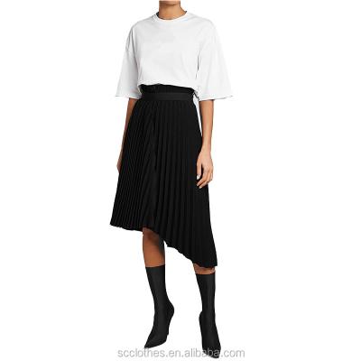 China Black Casual Pleated Asymmetrical Pleated Skirts Knee Length Latest Plus Size Skirt Design Longest for sale