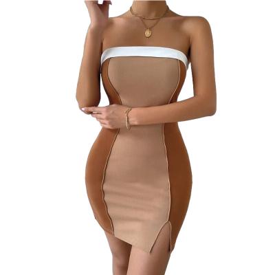 China Anti-Static Custom Summer Contrast Color And Stitching Bodycon Women Sleeveless Split Tube Dress for sale