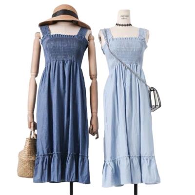 China Custom Dry Cleaning Color Summer Ruffles Trendy Jeans Dresses 100% Cotton Women's Denim Casual Dresses for sale