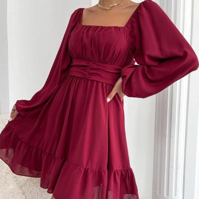 China Spring Red Autumn Elegant Casual Dresses Knee Length Polyester Fabric Collar Dress Custom Made Square Sleeve Anti-Static Long Sleeve for sale