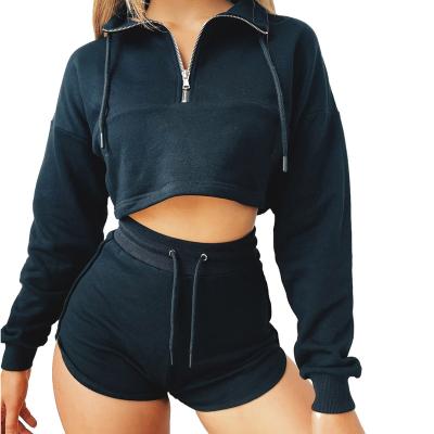 China QUICK DRY Sexy Women's Clothing Half Zip Crop Tops And Shorts Two Piece Set Cropped Hoodie Custom Made Set for sale