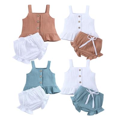 China Anti-wrinkle Vintage Summer Girls Clothes White Ruffles Single Breasted Cotton And Linen Summer Children's Suit Girl Sling Dress for sale