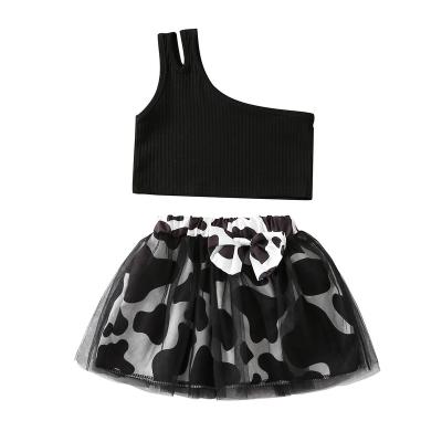 China Anti-wrinkle fashion kids girls summer clothes sets shoulder 0-4y one sleeveless vest tops cow print lace tutu skirts - buy baby cloth for sale