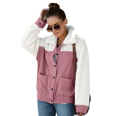 China New Arrival Sherpa Fuzzy Ladies Color Block Pocket Coat Fleece Corduroy Breathable Jacket for sale