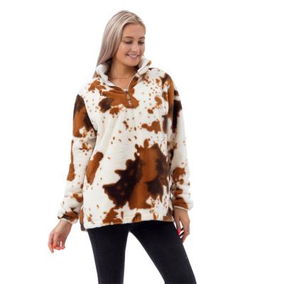 China New Arrival Boutique Anti-Shrink Cow Printing Faux Fur Sherpa Sweater For Women for sale