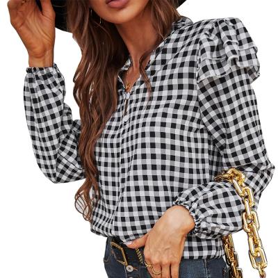 China 2022 Breathable Buffalo Plaid Ladies Ruffle Spring Long Sleevs Blouse Tops for sale