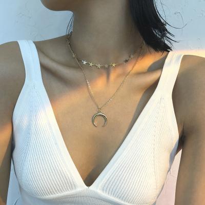 China Luxury Fashion Nacklace Two Layers Pendant Necklace Set Multilayer Gold Plated Moon Star Chain Necklace for sale