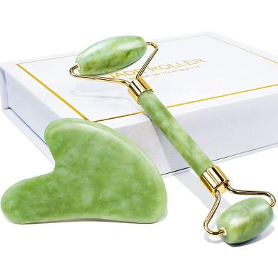 China Real Jade Roller Green Quartz Face Roller and Gua Sha Facial Gua Sha Tool Set for Face Skin Care for sale