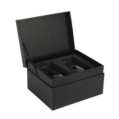 China Recycled Materials Custom Printed Logo New Arrival Simple Elegant Black Clamshell Gift Box With Foam Insert Wine Glass Packaging Box for sale