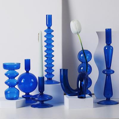 China New Home Decor Candle Holder Ships Hot Selling Blue Glass Candle Holders for sale