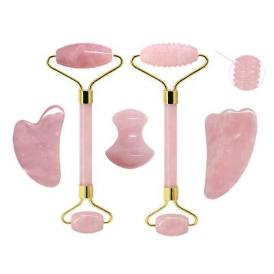 China Wholesale Custom Rose Quartz GuaSha Beauty Stone Massage Face Lift Jade Roller Lymphatic Drainage Tool Facial For Face for sale