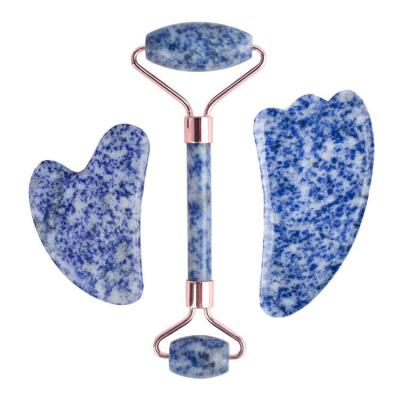 China New Blue Face Lift Dot Jade Roller And Gua Sha Facial Roller Gouache Scraper White Stone Massager Anti Wrinkle Lifting Skin Care Tool for sale