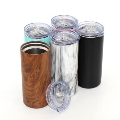 China New Design PORTABLE 12oz Vacuum Insulated Can Cooler Stainless Steel Wine Tumbler With Lid for sale