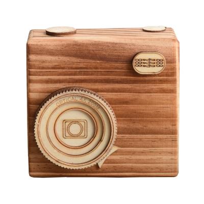 China Custom Logo Retro Style Eco-friendly Wooden Camera Music Box Toy Gift Wooden Camera for sale