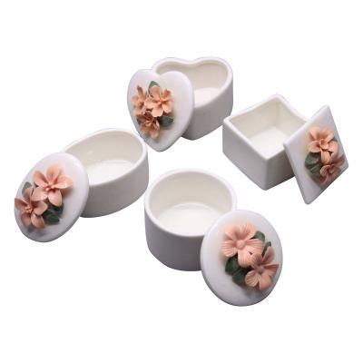 China wholesale shiny white floral porcelain ceramic trinket boxes with lid CY for sale