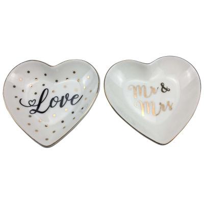 China Hot Selling Stoneware Jewelry Trinket Heart Shaped Tray Ceramic Ring Dish For Wedding for sale