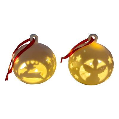 China Holiday Ceramic Luxury White Snowball Round Christmas Ornaments With Led for sale