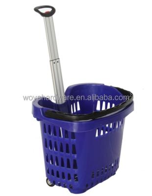 China Recyclable Aluminum Handle 50L Plastic Shopping Basket With 2 Wheels for sale