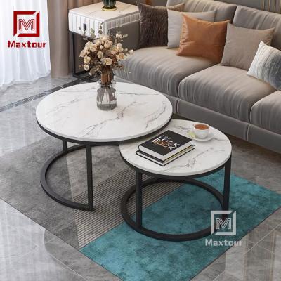 China Luxury Living Room Furniture Stainless Steel Black Gold Legs Around Coffee Table Marble Top Set for sale