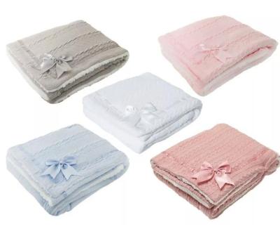 China PORTABLE Personalized Baby Blanket Cable Knit Blanket with Bow Embroidered Gifts Soft Satin Bow Unisex Newborn Shawl for sale