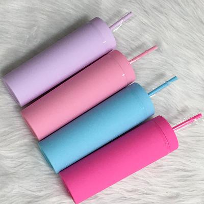 China 16oz Viable Creative Plastic Skinny Tumbler Acrylic Portable Milk Mugs Mate Color Slim Juice Cup With Lid And Straw for sale