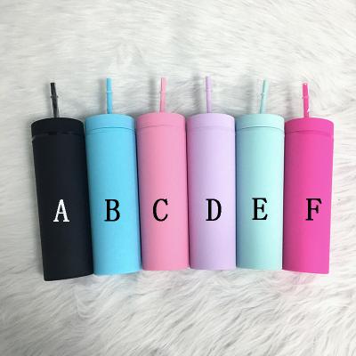 China Tumbler 16oz Double Wall Plastic Travel Water Cup Matte Acrylic Skinny Viable Wedding Gift Straw With Cover 6 Colors for sale