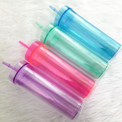 China New Design 22oz Plastic Transparent Skinny Beer Mug Water Bottle Coffee Mug Tumbler Water Viable Acrylic Double Wall Cup With Straw for sale