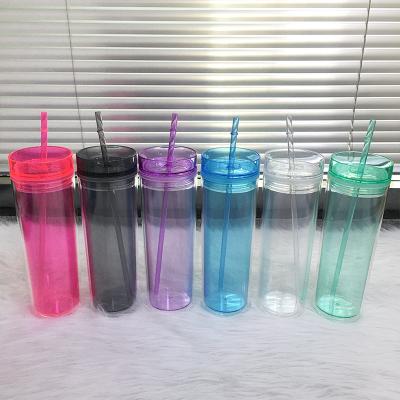 China 6 Colors 22oz Viable Acrylic Skinny Tumbler With Lid Double Walled Clear Plastic Cup And Straws Travel Single Cups for sale