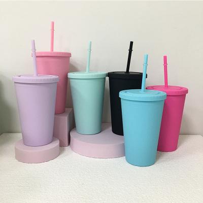 China RTS 16oz Wall Tumbler Colorful Viable Plastic Lean Ice Cup Double Mugs Acrylic Beer Wine Tumbler With Plastic Straw For Gifts for sale