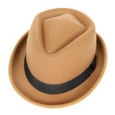 China Vintage Solid Black Striped Trilby Hat Top Hat Autumn Winter Fedoras Women Wool Fedora Hat Men Jazz Panama for sale