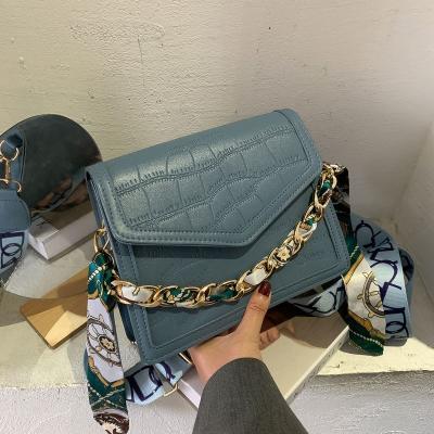 China Newest High Quality Latest Fasion Silk Strap Handbag Chain Scarf Crocodile Pattern Leather 2021 Elegant Purse Handbags With Scarves for sale