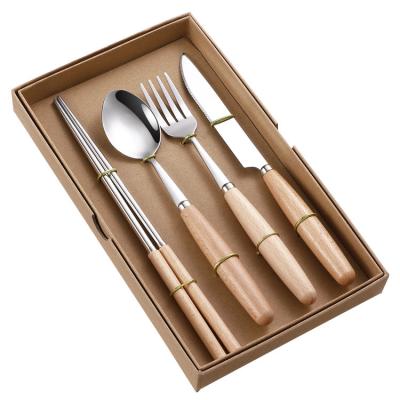 China 4pcs Cutlery Set Flatware Stainless Steel Spoon Fork High Quality Viable Chopstick With Wood Handle for sale