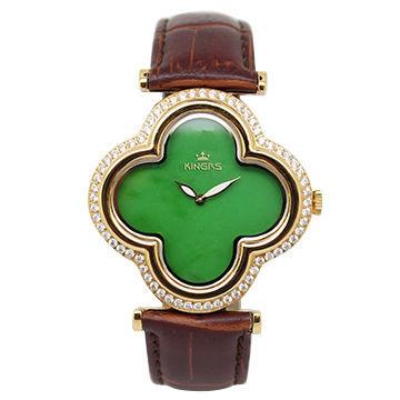 China Flower Shape Jade Watch Stainless Steel Case With Diamond On Bezel for sale