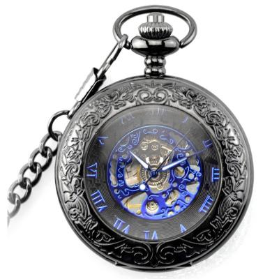 China Pocket watch with automatic movement , Retro Vintage Smooth Black Quartz Pocket Watch With Chain for sale